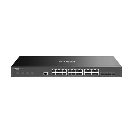Front view of the Omada SG3428X rackmount switch featuring 24 gigabit RJ45 ports and 4 dedicated 10G SFP+ slots for high-speed fiber uplinks and stacking.