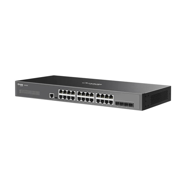A visual representation of the SG3428X integrated into the Omada SDN platform, showing centralized cloud management, Zero-Touch Provisioning (ZTP), and remote monitoring via the Omada app.