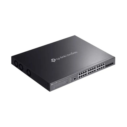 Close-up view of the front panel on the Omada SG3428XMPP switch highlighting 8 high-power 90W PoE++ ports, 16 PoE+ ports, and 4 10G SFP+ uplink slots.