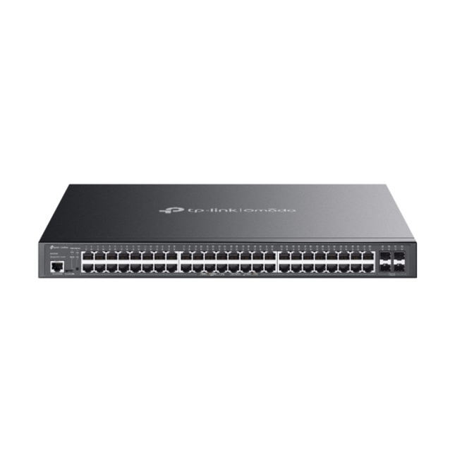 "Front angled view of the Omada SG3452P 52-port gigabit managed network switch, showcasing its sleek rackmountable metal casing."