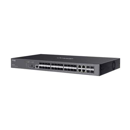 Close-up of the 24 Gigabit SFP slots and 4 dedicated 10G SFP+ uplink slots on the front of the Omada SG5428XF network switch.