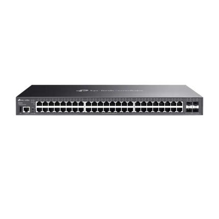Front panel view of the TP-Link Omada SG5452X 48-port gigabit Lite L3 managed enterprise switch with 4 high-speed 10G SFP plus slots.