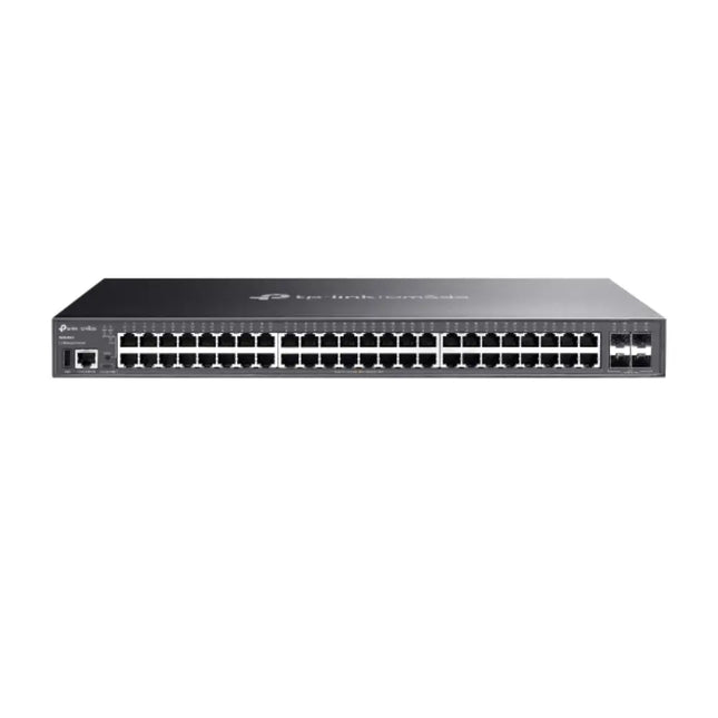 Front panel view of the TP-Link Omada SG5452X 48-port gigabit Lite L3 managed enterprise switch with 4 high-speed 10G SFP plus slots.