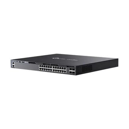Close-up of the 24 Gigabit RJ45 ports and 4 10G SFP+ uplink slots on the TP-Link Omada SG6428X stackable switch.