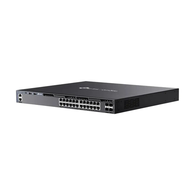 Close-up of the 24 Gigabit RJ45 ports and 4 10G SFP+ uplink slots on the TP-Link Omada SG6428X stackable switch.