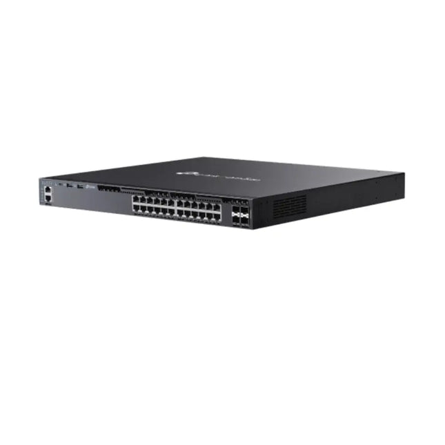 Close-up view of the front panel on the Omada SG6428XHP switch showcasing the 24 Gigabit PoE+ ports and 4 10G SFP+ uplink slots.