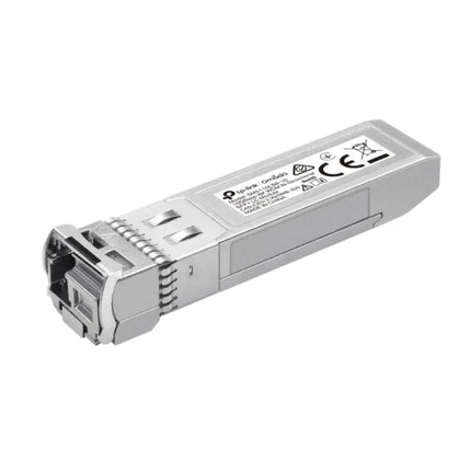 Studio shot of the Omada SM5110LSB-10 single-mode WDM bi-directional SFP+ transceiver module, displaying its metallic housing and pull-tab.
