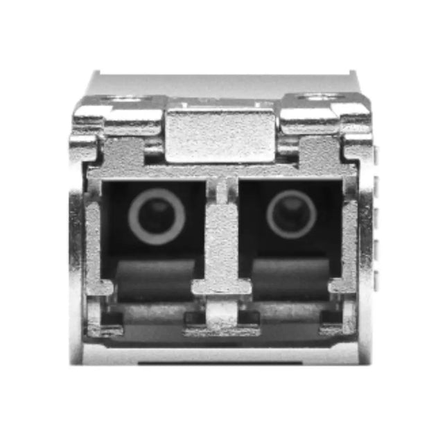Close-up view of the Duplex LC/UPC connector interface on the SM6110-LR transceiver module.