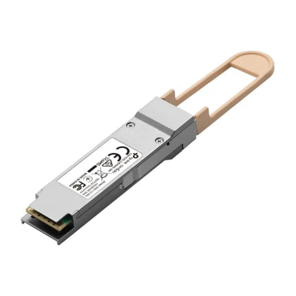 Studio product shot of the TP-Link Omada SM9110-SR4 100GBASE-SR4 multi-mode QSFP28 transceiver module with a pull-tab latch.