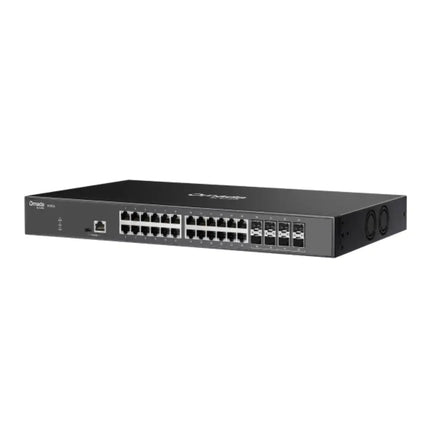 Close-up view of the Omada SX3832 front interface panel highlighting the high-density 10 Gbps copper ports and SFP+ uplink slots for high-bandwidth enterprise connectivity.
