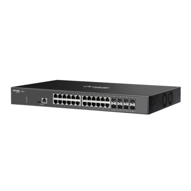 Close-up view of the Omada SX3832 front interface panel highlighting the high-density 10 Gbps copper ports and SFP+ uplink slots for high-bandwidth enterprise connectivity.