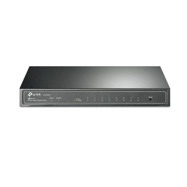 Front view of the Omada TL-SG2008 8-port Gigabit smart managed desktop switch, showcasing the 8 RJ45 ports and LED status lights in a durable black metal casing.