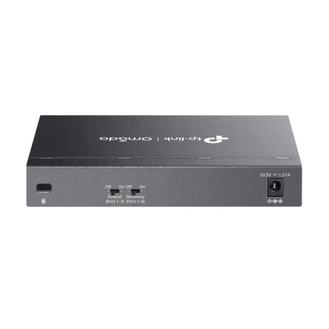 Close-up front panel view of the TP-Link DS106GPP switch showing 4 PoE++ ports, 2 gigabit uplinks, and hardware toggles for Priority and PoE Auto Recovery.