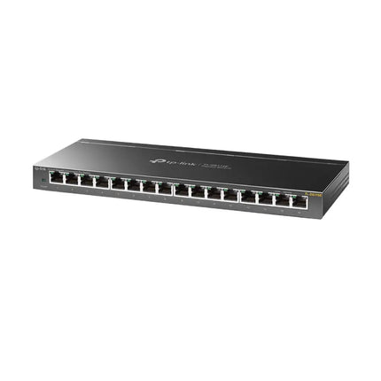 Close-up view of the front panel on a TP-Link TL-SG116E network switch showing 16 gigabit RJ45 ports and LED activity status lights.