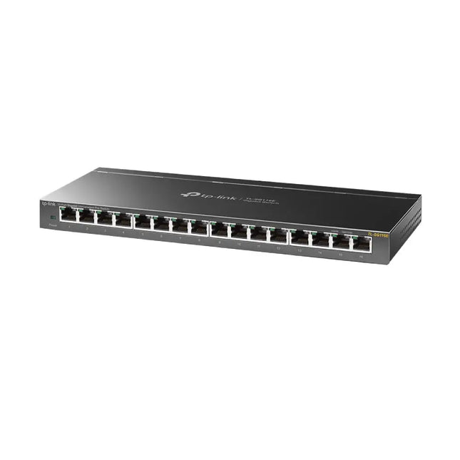 Close-up view of the front panel on a TP-Link TL-SG116E network switch showing 16 gigabit RJ45 ports and LED activity status lights.