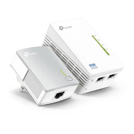 TP-Link TL-WPA4220KIT AV600 Wi-Fi Powerline Extender Starter Kit featuring both white plug-in adapters side-by-side against a clean white background