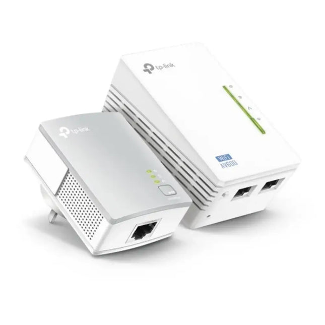 TP-Link TL-WPA4220KIT AV600 Wi-Fi Powerline Extender Starter Kit featuring both white plug-in adapters side-by-side against a clean white background