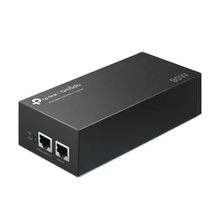 Front port view of the TP-Link POE380S injector highlighting the 10 Gbps RJ45 data-in port and the 90W PoE++ power-and-data-out port.