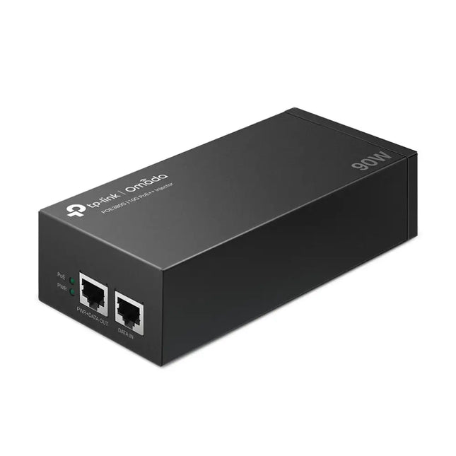 Front port view of the TP-Link POE380S injector highlighting the 10 Gbps RJ45 data-in port and the 90W PoE++ power-and-data-out port.