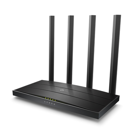Top angle view of the sleek black TP-Link Archer A6 AC1200 router, engineered for lag-free HD video streaming and gaming.