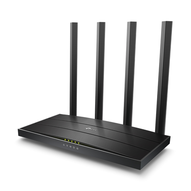 Top angle view of the sleek black TP-Link Archer A6 AC1200 router, engineered for lag-free HD video streaming and gaming.