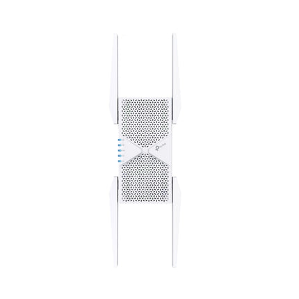 The RE655BE tri-band range extender plugged into a dual wall socket, demonstrating its sleek profile that leaves the adjacent plug accessible.