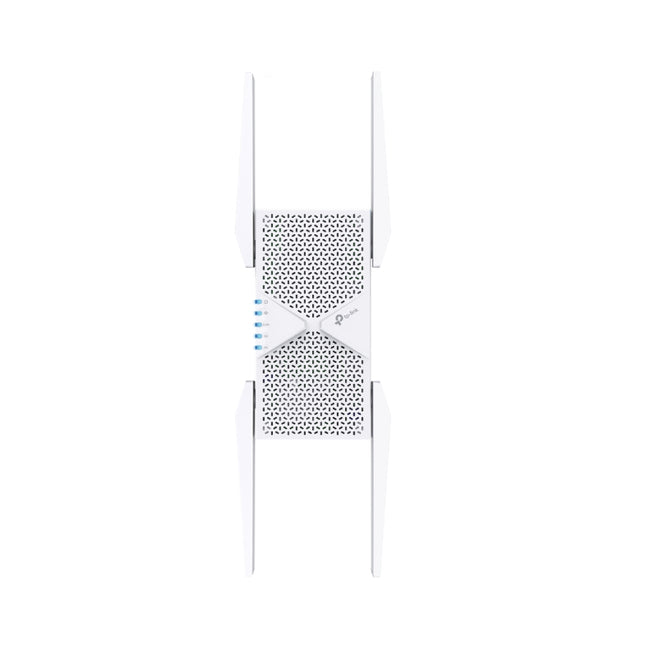 The RE655BE tri-band range extender plugged into a dual wall socket, demonstrating its sleek profile that leaves the adjacent plug accessible.