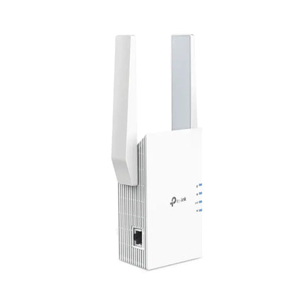 TP-Link RE705X AX3000 Wi-Fi range extender, highlighting the side-mounted Gigabit Ethernet port for wired device connections.