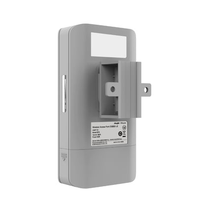 Close-up of the weatherproof lower compartment on the RG-EST310V2 revealing the 12V DC input, Fast Ethernet port, and reset switch.