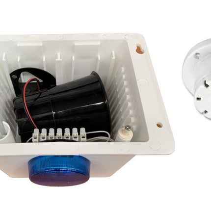 Alarm Siren Kit Includes White Plastic Box, Horn Siren, Blue Strobe Light, Top Hat Piezo & Tamper Switch - CCTV Guru
