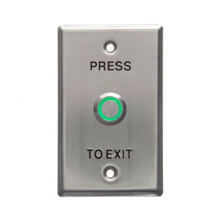 Front view of the Secor WEL1911 flush-mount stainless steel press to exit button featuring a green LED illuminated ring and clear "PRESS TO EXIT" text engraving.