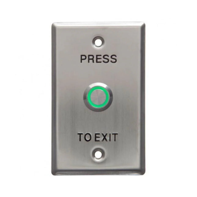 Front view of the Secor WEL1911 flush-mount stainless steel press to exit button featuring a green LED illuminated ring and clear "PRESS TO EXIT" text engraving.