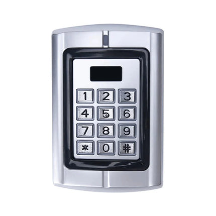 Front view of the rugged, metal-housed Secor WKP20 standalone door controller featuring a backlit numeric programming keypad and integrated dual-format proximity card reader.