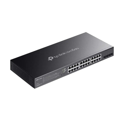 Angled view of the TP-Link SG2428P 28-port gigabit switch, compatible with the Omada SDN centralized cloud management ecosystem.