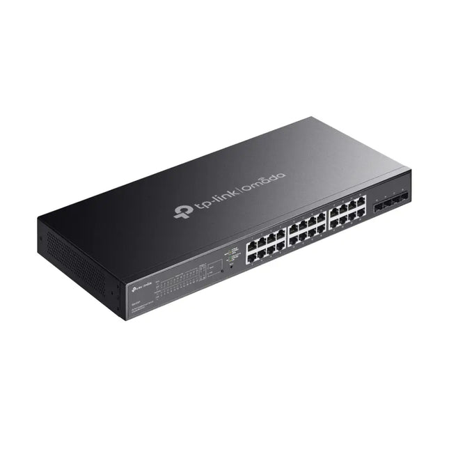 Angled view of the TP-Link SG2428P 28-port gigabit switch, compatible with the Omada SDN centralized cloud management ecosystem.
