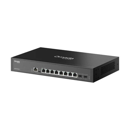 Front panel close-up of Omada SG3210X-M2 switch highlighting eight 2.5G multi-gigabit ports and two 10G SFP plus uplink slots.