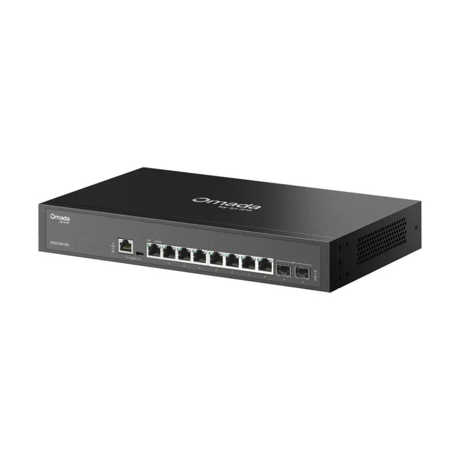Front panel close-up of Omada SG3210X-M2 switch highlighting eight 2.5G multi-gigabit ports and two 10G SFP plus uplink slots.