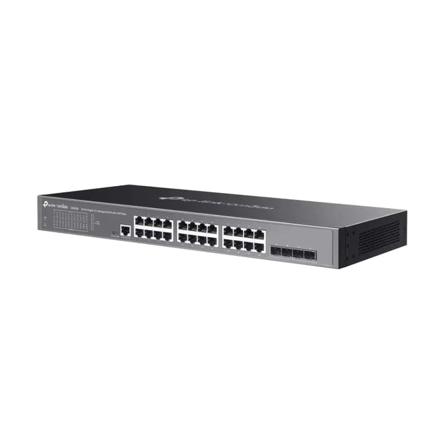 TP-Link Omada SG3428 JetStream 24-port gigabit L2+ managed switch with 4 gigabit SFP slots for high-speed fiber uplinks.