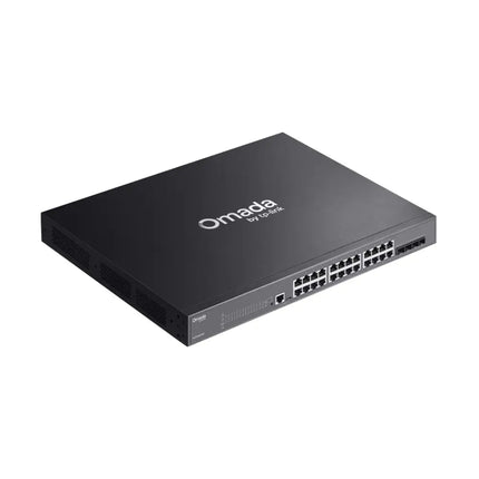 Angled view of the TP-Link SG3428XMP enterprise switch, designed for Omada SDN centralized cloud management.