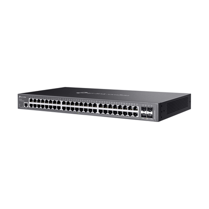 Close-up of the dense dual-row layout of 48 Gigabit RJ45 Ethernet ports on the TP-Link SG3452X enterprise switch.