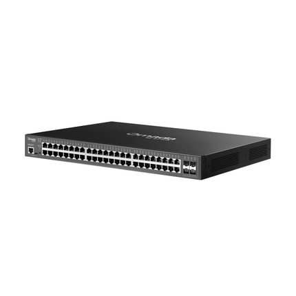 Close-up of the dense row of 48 PoE+ RJ45 ports on the TP-Link SG3452XP switch, highlighting massive power budget layout.