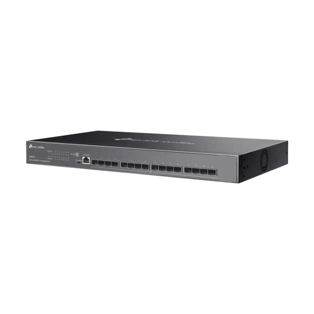 Close-up angled view of the TP-Link SX3016F fiber switch highlighting its 16 high-speed 10Gbps SFP+ uplink slots.