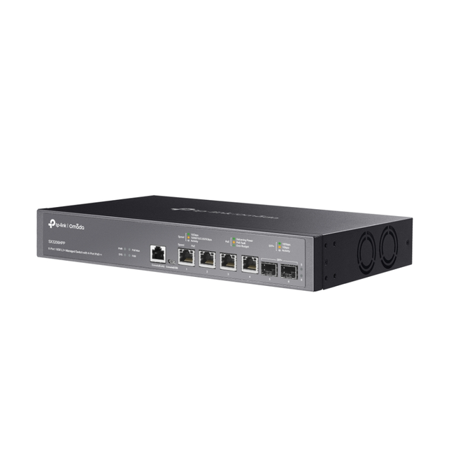 Close-up of the TP-Link SX3206HPP switch highlighting the 4 ultra-high-power 802.3bt PoE++ ports for high-draw devices.