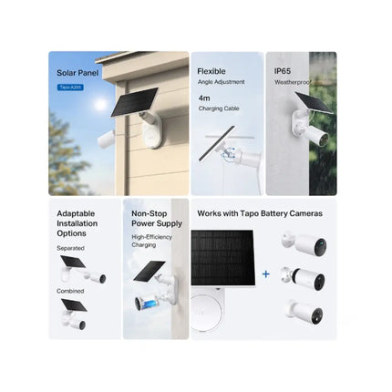 TP-Link Tapo A201 solar panel connected via a 4-meter charging cable to a Tapo battery security camera for continuous power.