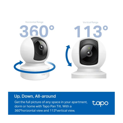 The TP-Link Tapo C202 indoor security camera tilting upward to reveal the hidden microSD card slot, with graphics indicating its 360-degree horizontal rotation.