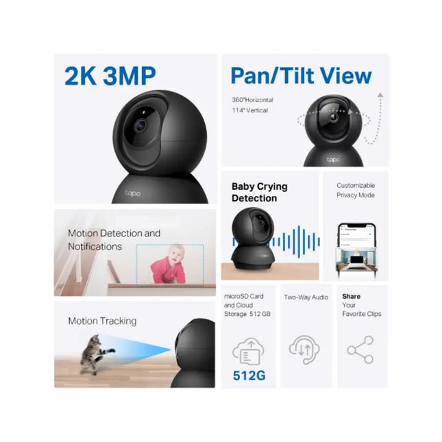 A TP-Link Tapo C211 home security camera placed on a living room shelf, monitoring the room with its 360-degree rotation view.