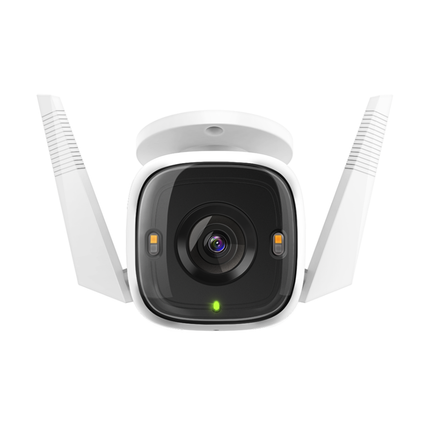 Close-up of the TP-Link Tapo C320WS camera lens, highlighting the dual built-in spotlights for 2K full-colour night vision.