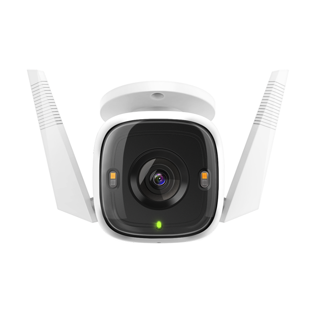 Close-up of the TP-Link Tapo C320WS camera lens, highlighting the dual built-in spotlights for 2K full-colour night vision.