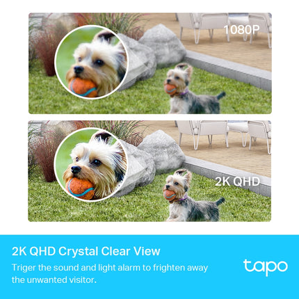 Close-up of the weatherproof Tapo C420 smart wire-free camera operating outdoors in the rain.