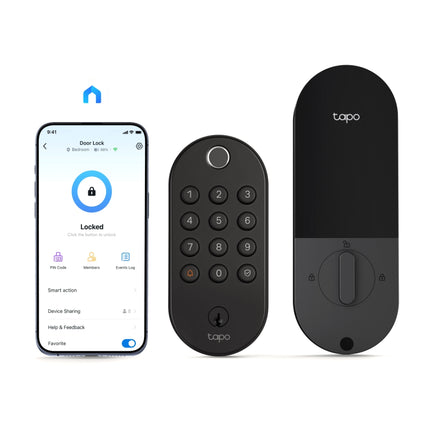 Close-up of the ultra-fast fingerprint scanner on the Tapo DL105 smart deadbolt, which authenticates and unlocks in under 0.5 seconds.